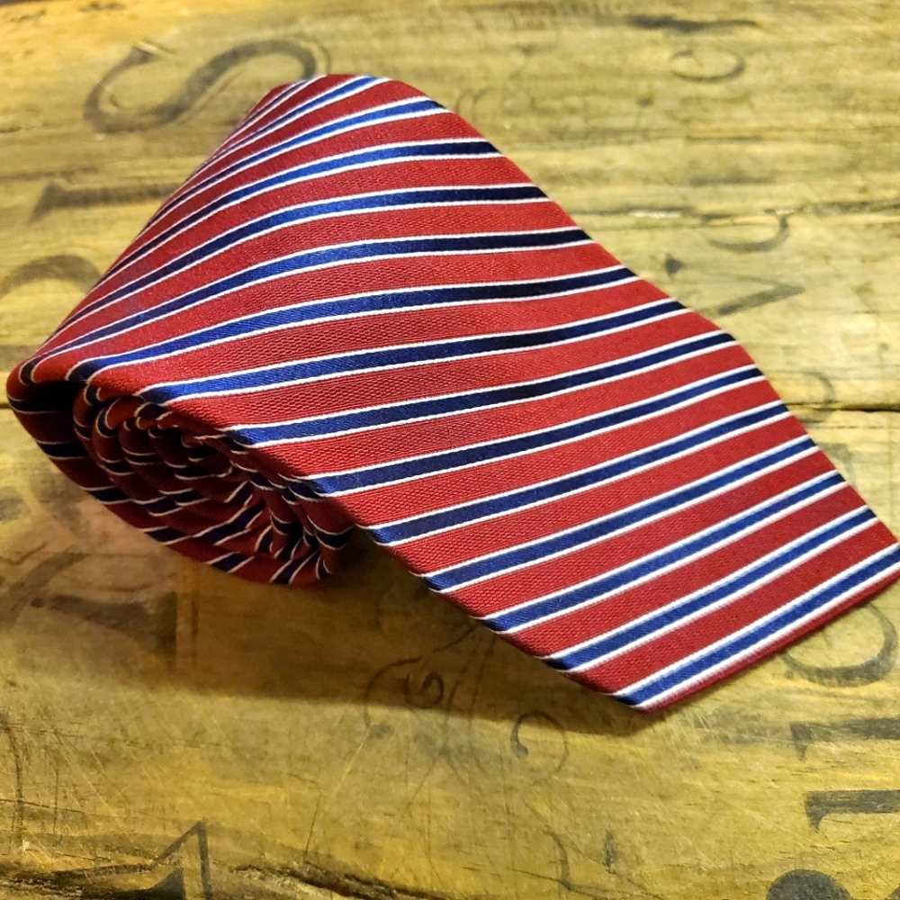 🔥TOMMY HILFIGER Red/White/Blue Patriotic Striped‎ 100% Silk Men's Neck Tie